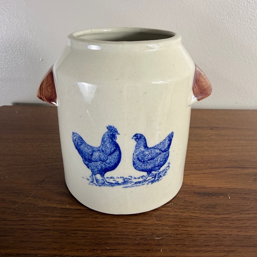 Vintage Blue White Chicken Crock Stoneware Farmhouse Utensil Holder Cottagecore